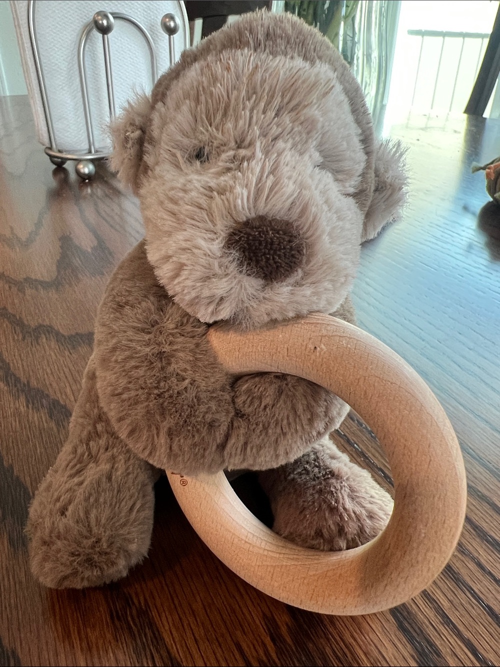 Jellycat Brown Plush Monkey Rattle with Wooden Teether Ring